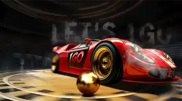 Красный ретро-автомобиль с логотипом Kush Casino в атмосфере классической гонки, дополненный золотым шаром.